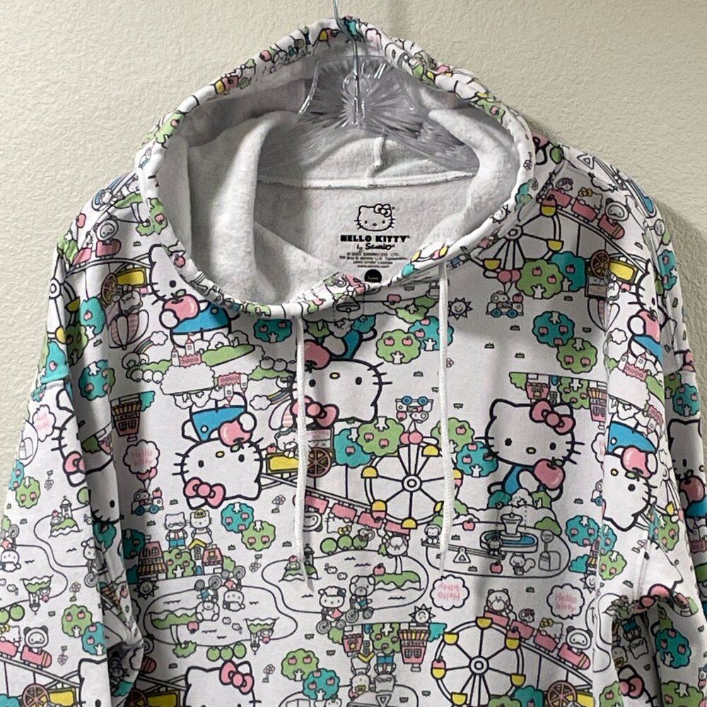 NEW SANRIO HELLO KITTY "Bustling Town" Pullover Hoodie White/Multi Adult Size L - Picture 6 of 7